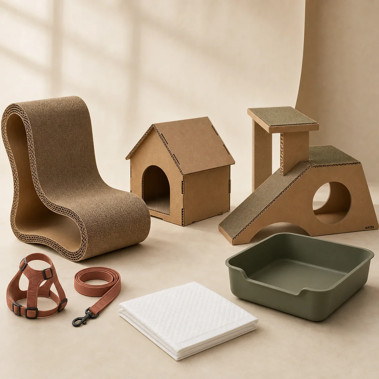 A coordinated assortment of corrugated cat furniture, dog walking gear, training pads and a litter tray